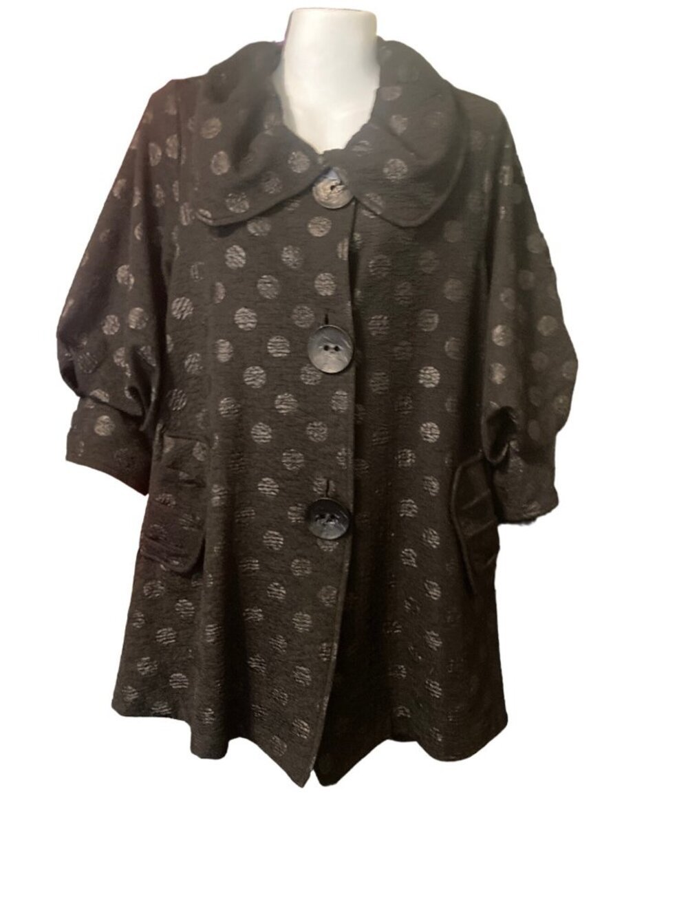 IC By CONNIE K Jacquard Black Circle Print Jacket Big Buttons 3/4 Slv Pkts Large